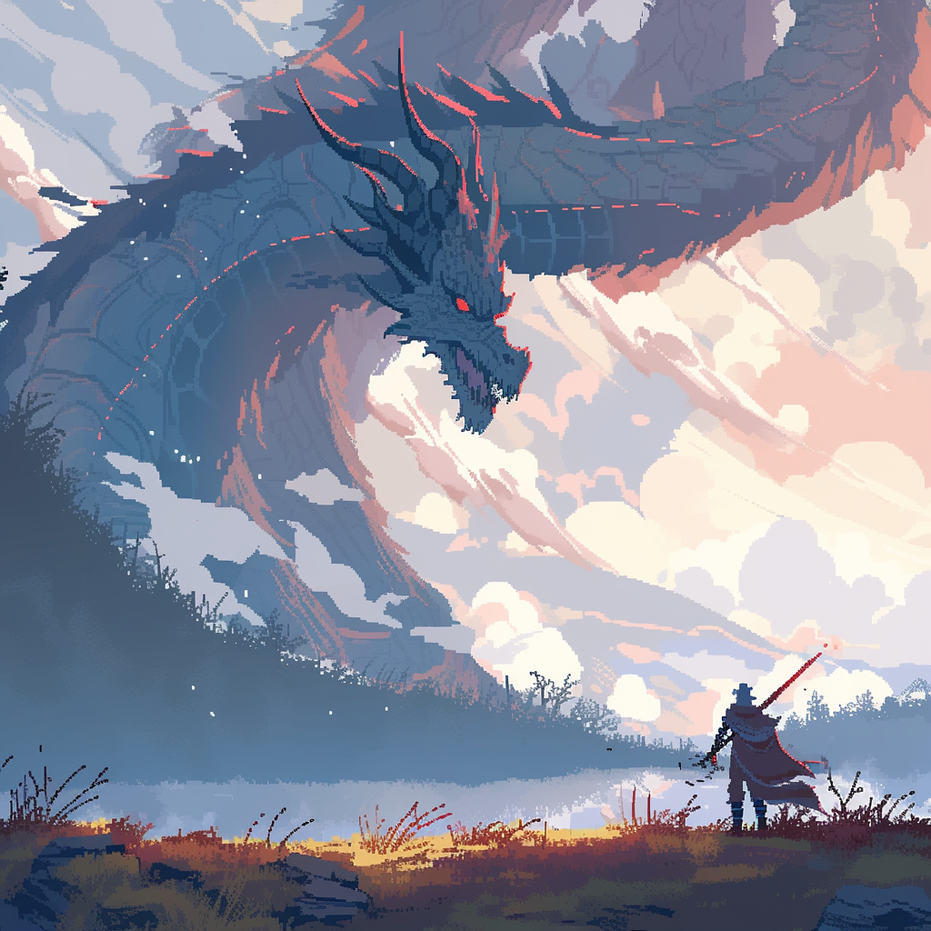 Dragon on landscape fighting archer