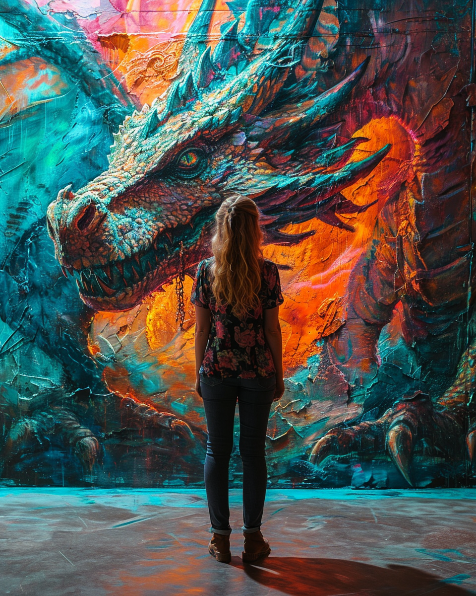 Photorealistic girl standing in front of dragon mural