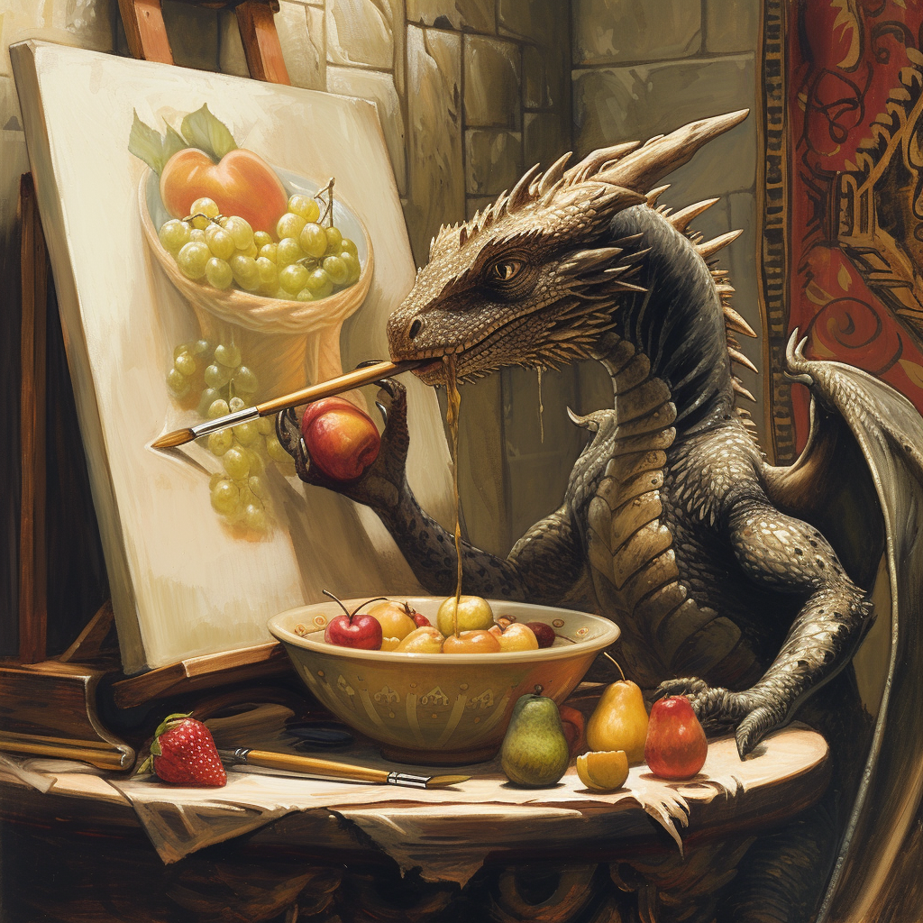 Dragon artist painting bowl of fruit