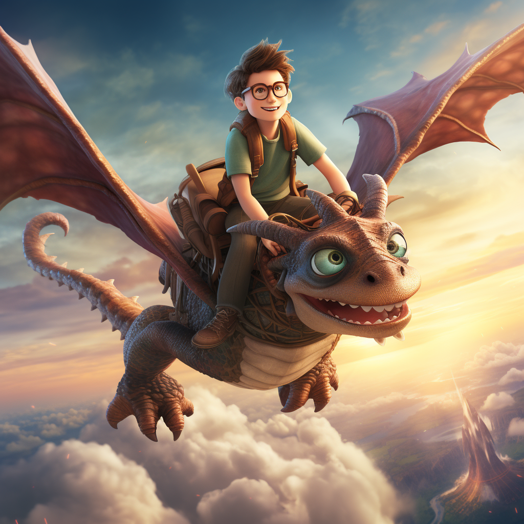 Teen boy with glasses riding a dragon