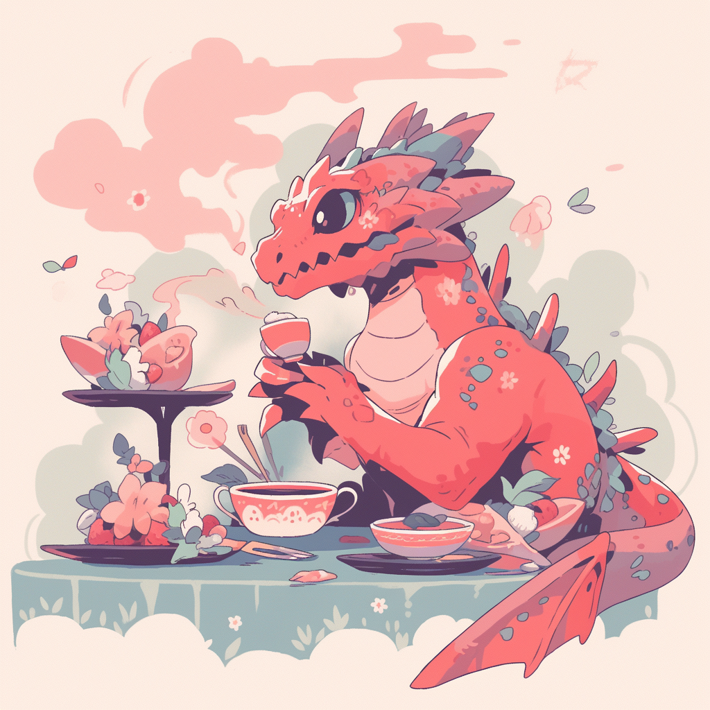 Dragon sipping tea retro flat riso print