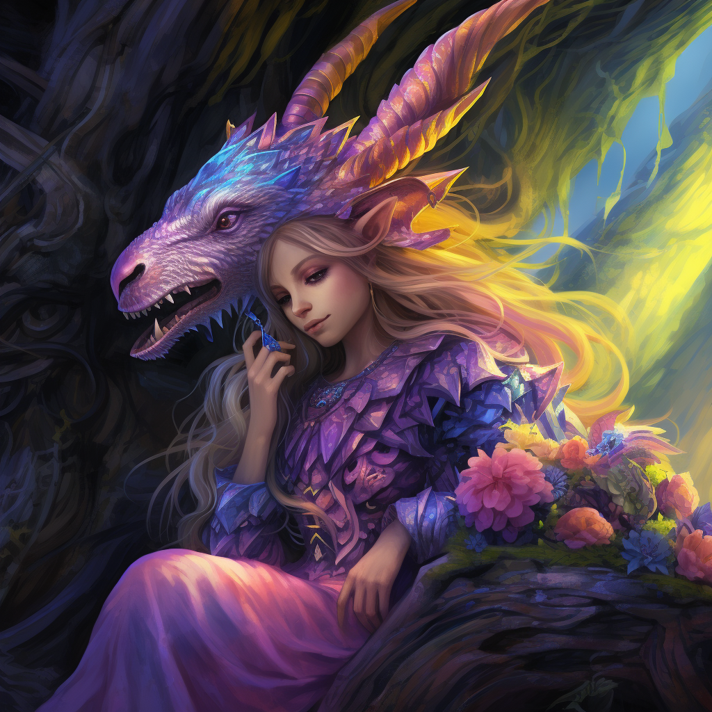 Fantasy dragon woman with purple rabbit