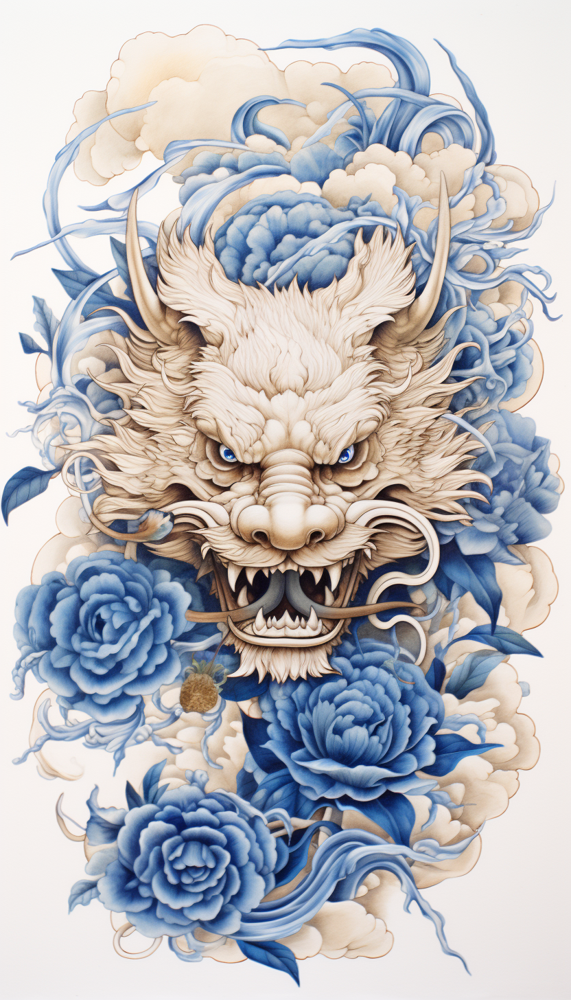 Dragon embroidery pattern with peony, ghost mask, and bats