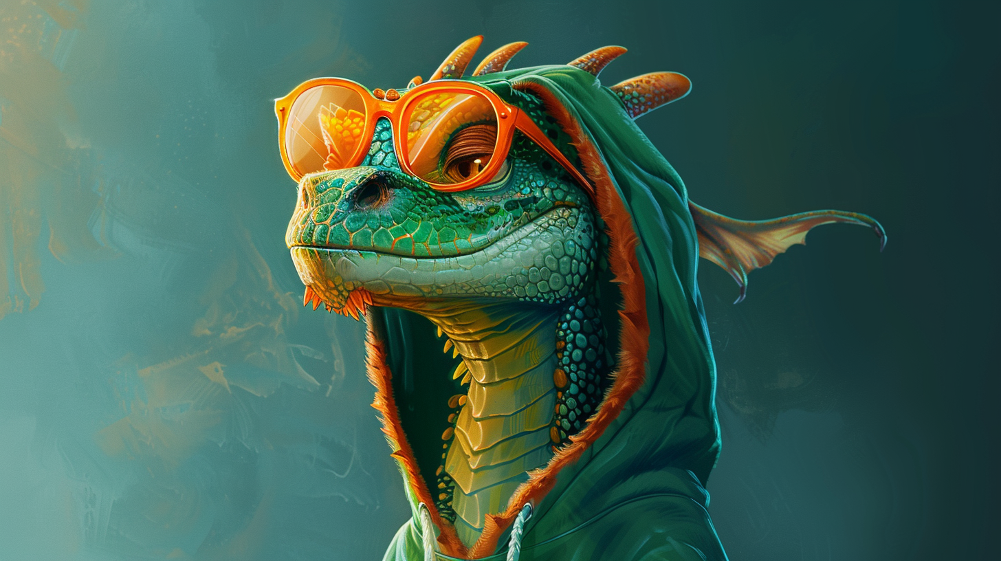 Dragon in green hoodie and orange glasses