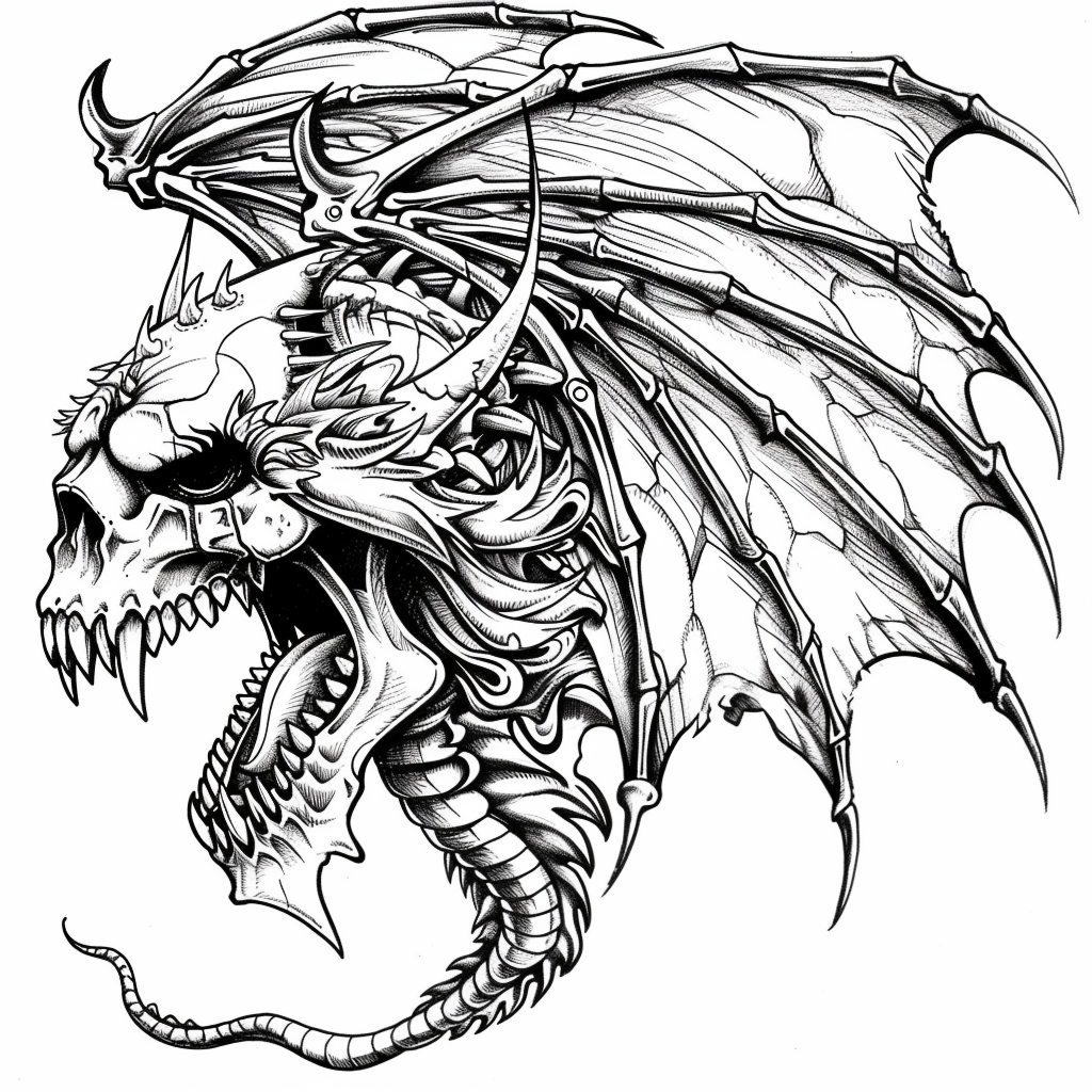 Dragon skeleton coloring page illustration