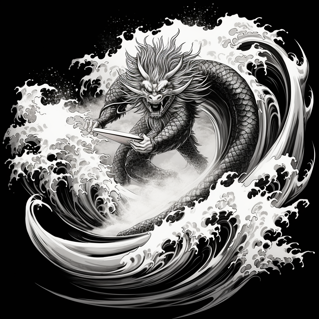 Black and white dragon riding surfboard on big wave