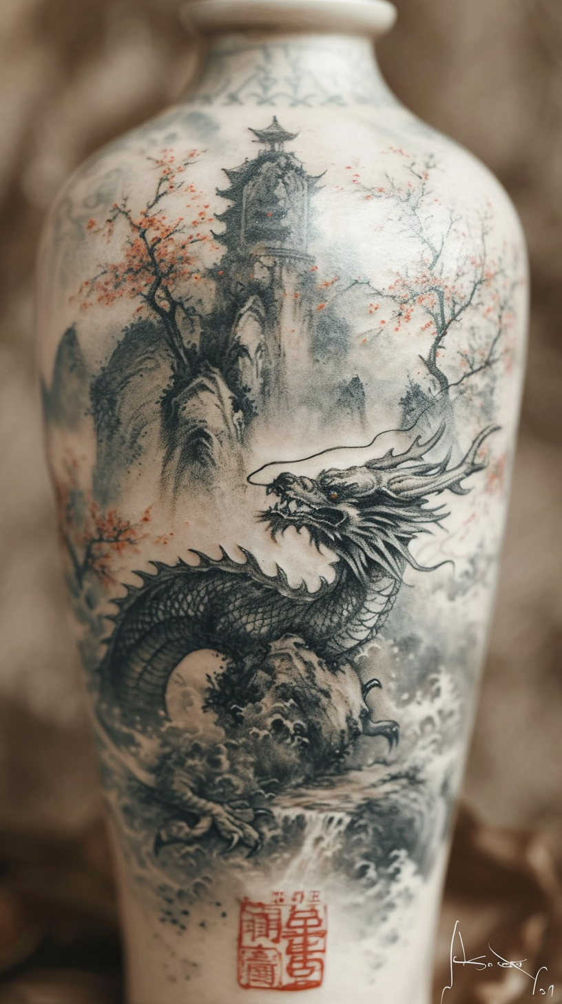 Dragon Tattoo on Arm with Intricate Scales and Mountain Mist