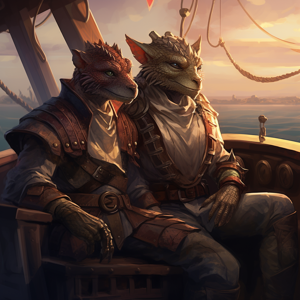 Dragonborn couple on a ship in Dungeons and Dragons style