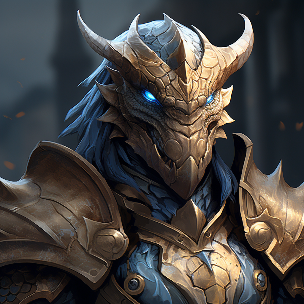 Dragonborn Knight with Gold Scales and Blue Eyes