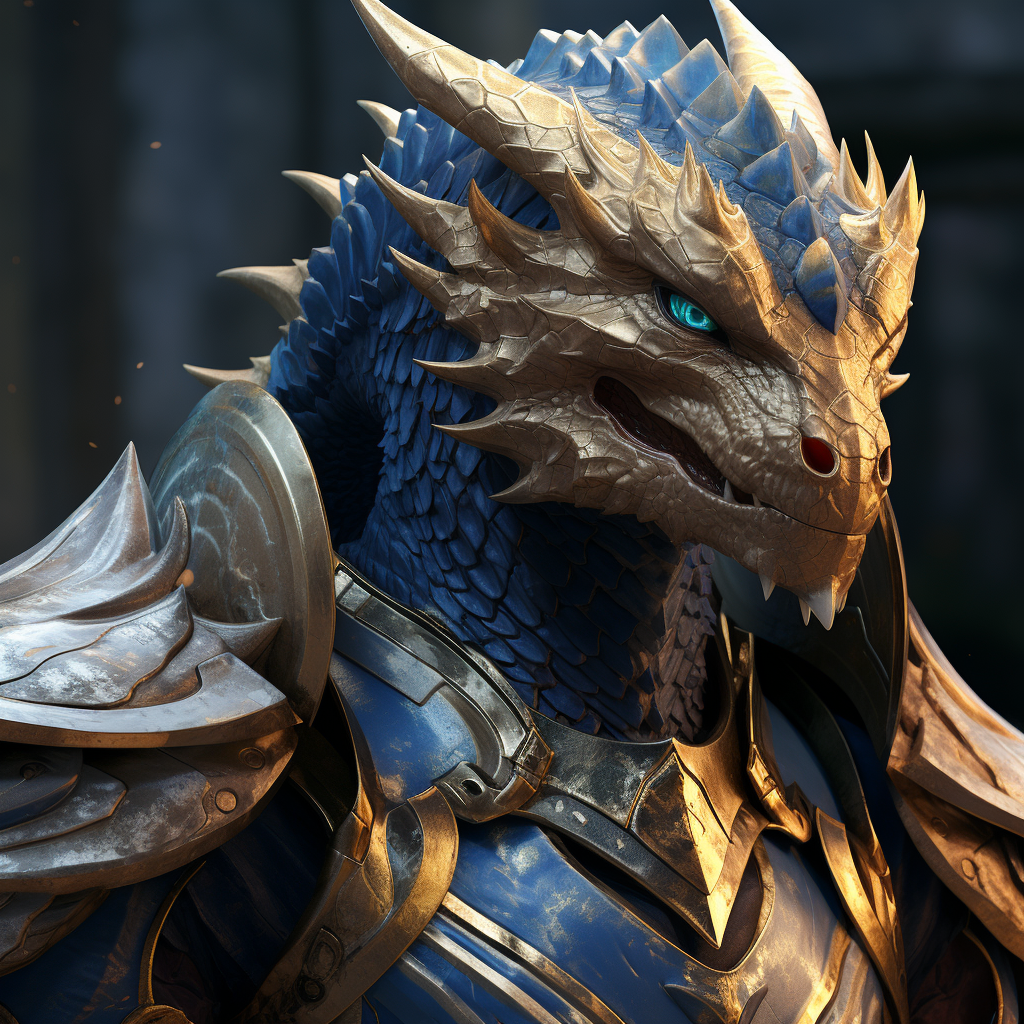 Majestic dragonborn with glowing blue eyes