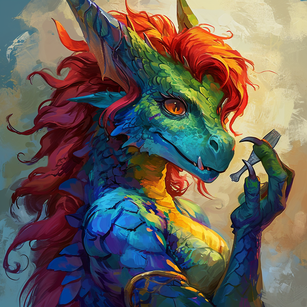 Cheerful dragoness sharpening her claws with a manicure file