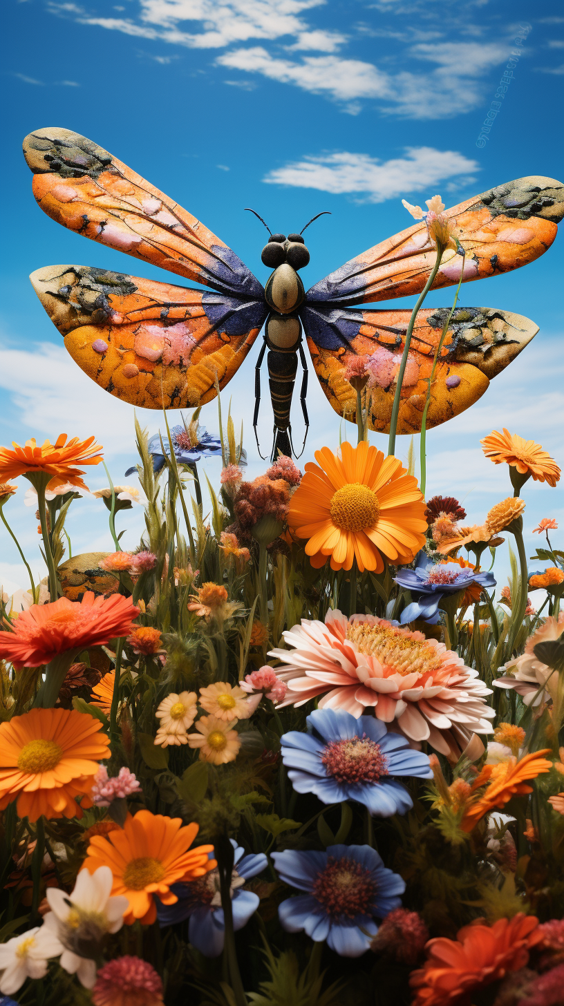 Beautiful dragonfly in flower-filled field