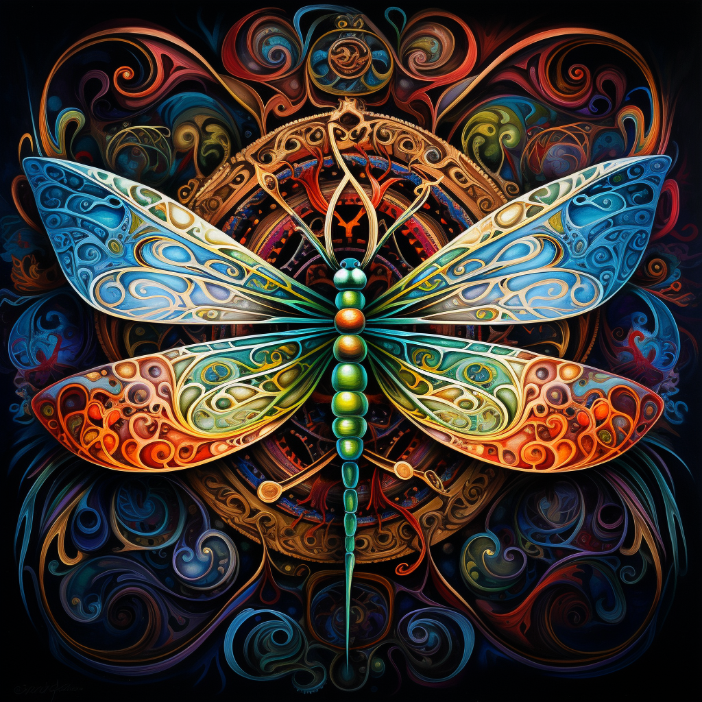 Colorful dragonfly painting with psychedelic symbols