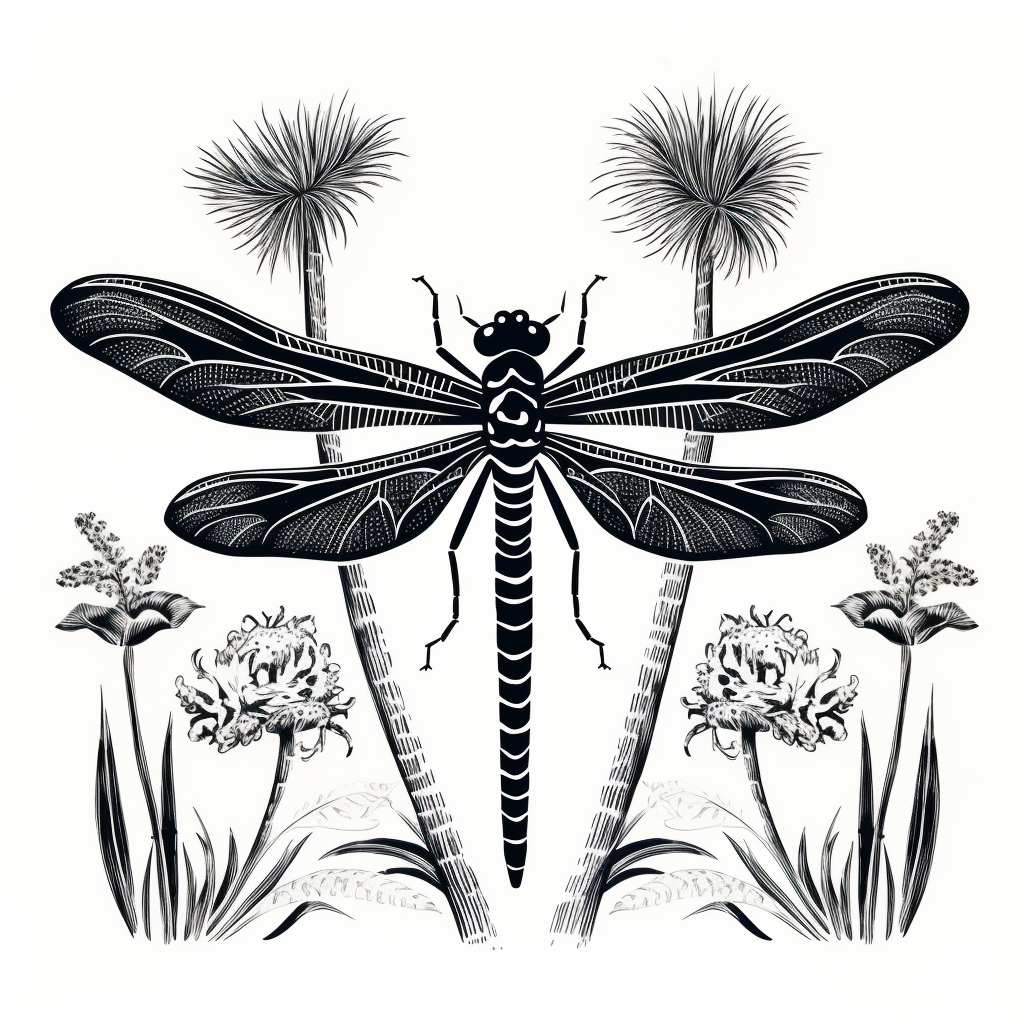 Beautiful dragonfly linocut illustration on white background