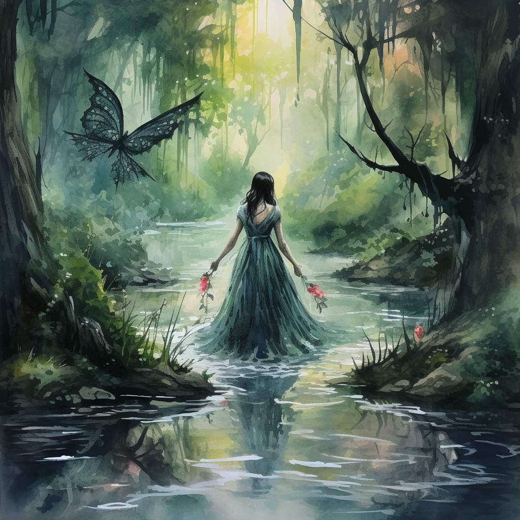 Beautiful watercolor illustration of dragons fairy in a swamp