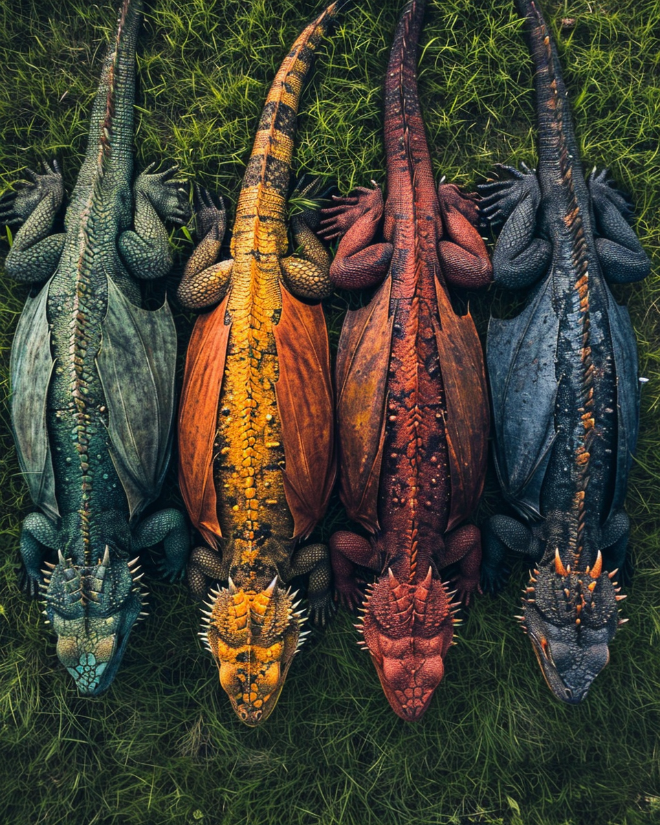 Dragons in Grassy Field