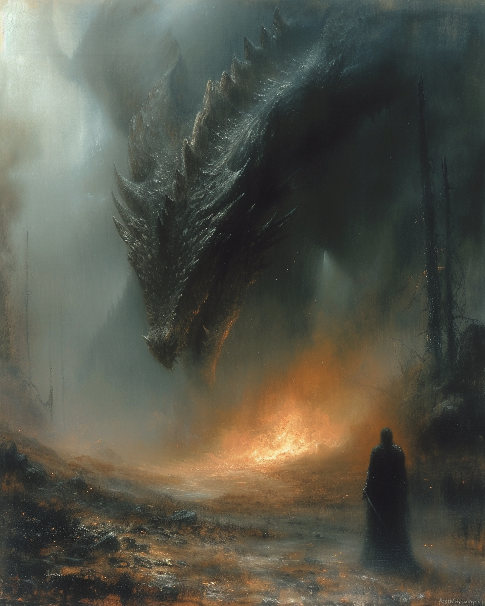 Dragonslayer Fighting Giant Grey Dragon Art