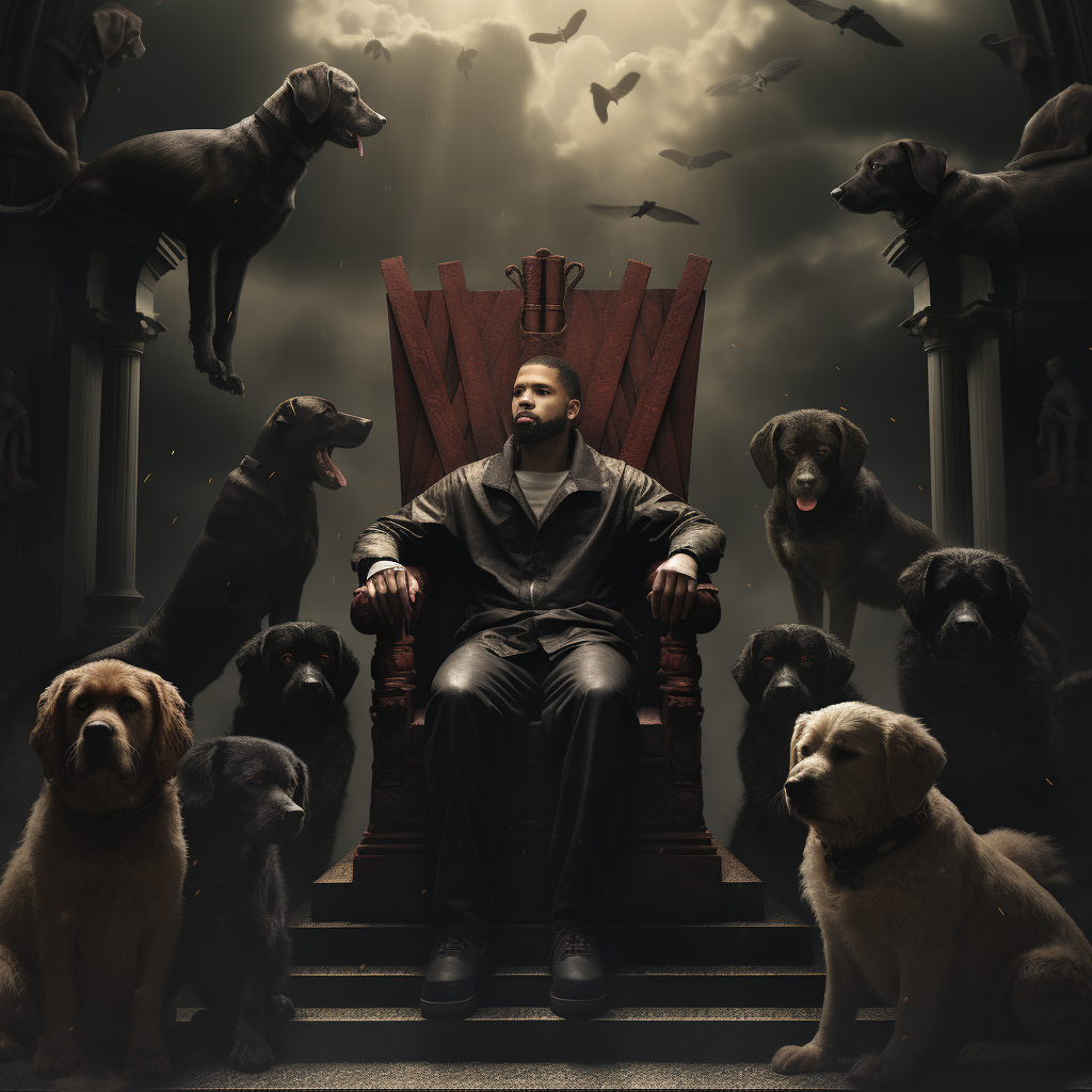 Drake surrounded by protective guard dogs