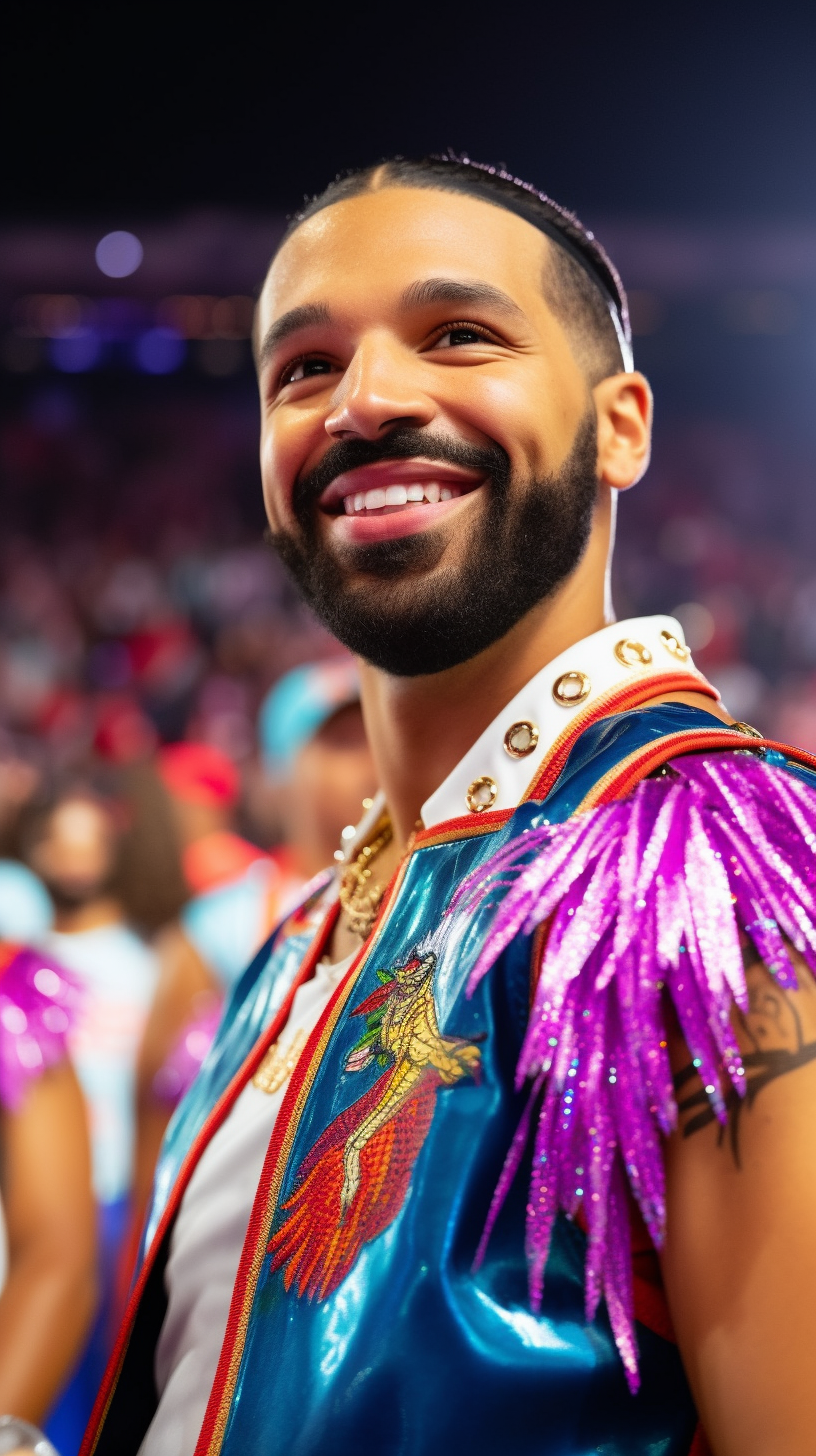 Drake smiling and blushing in cheerleading outfit