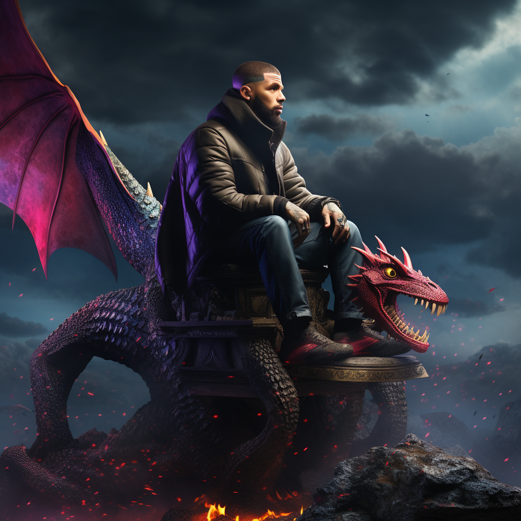 Drake sitting on a colorful dragon