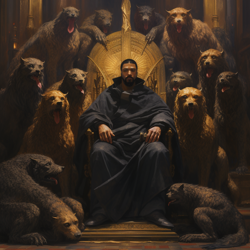 Drake surrounded by protective big dogs