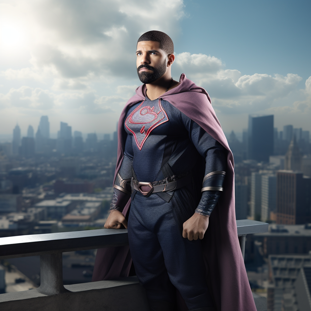 Drake in superhero costume overlooking the city