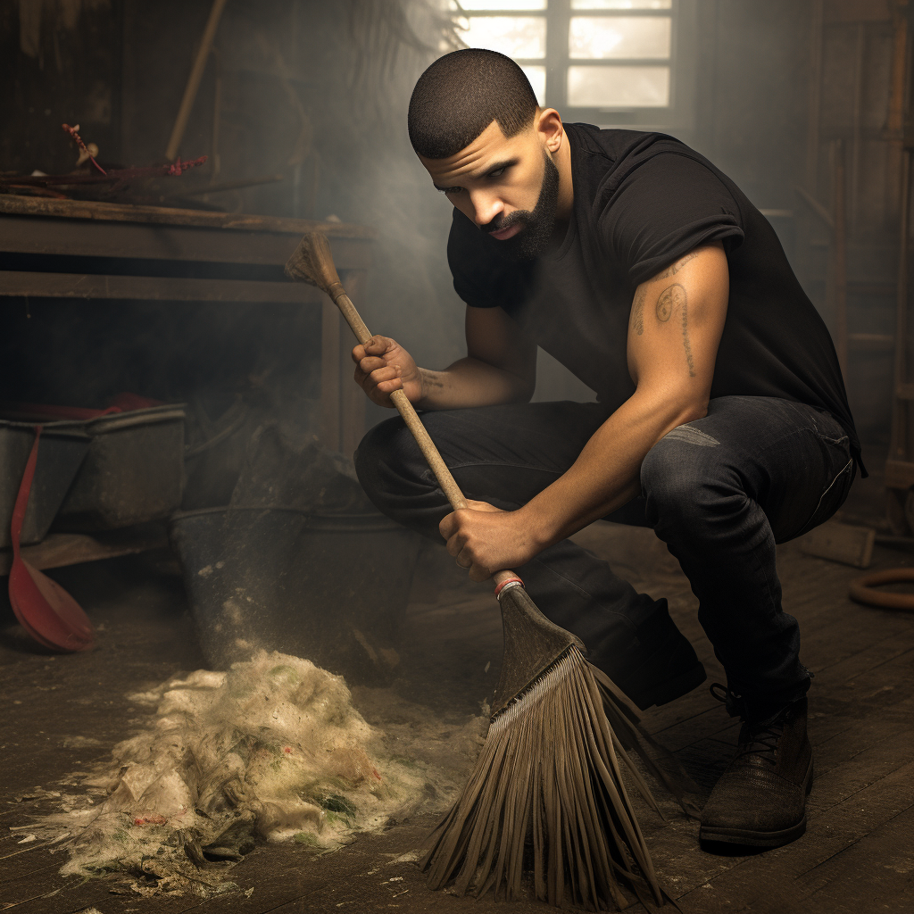 Drake sweeping the floor gracefully