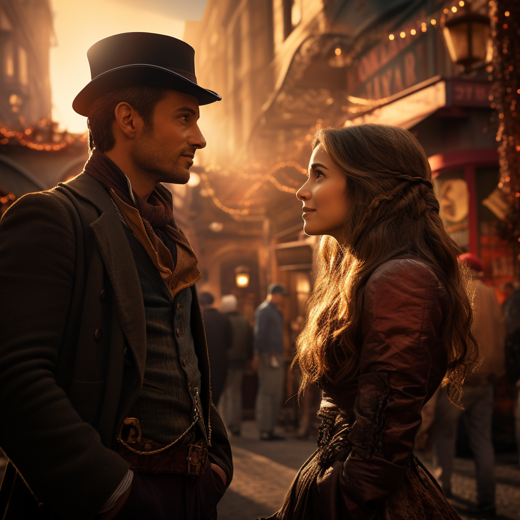 Man looking at woman in steampunk city