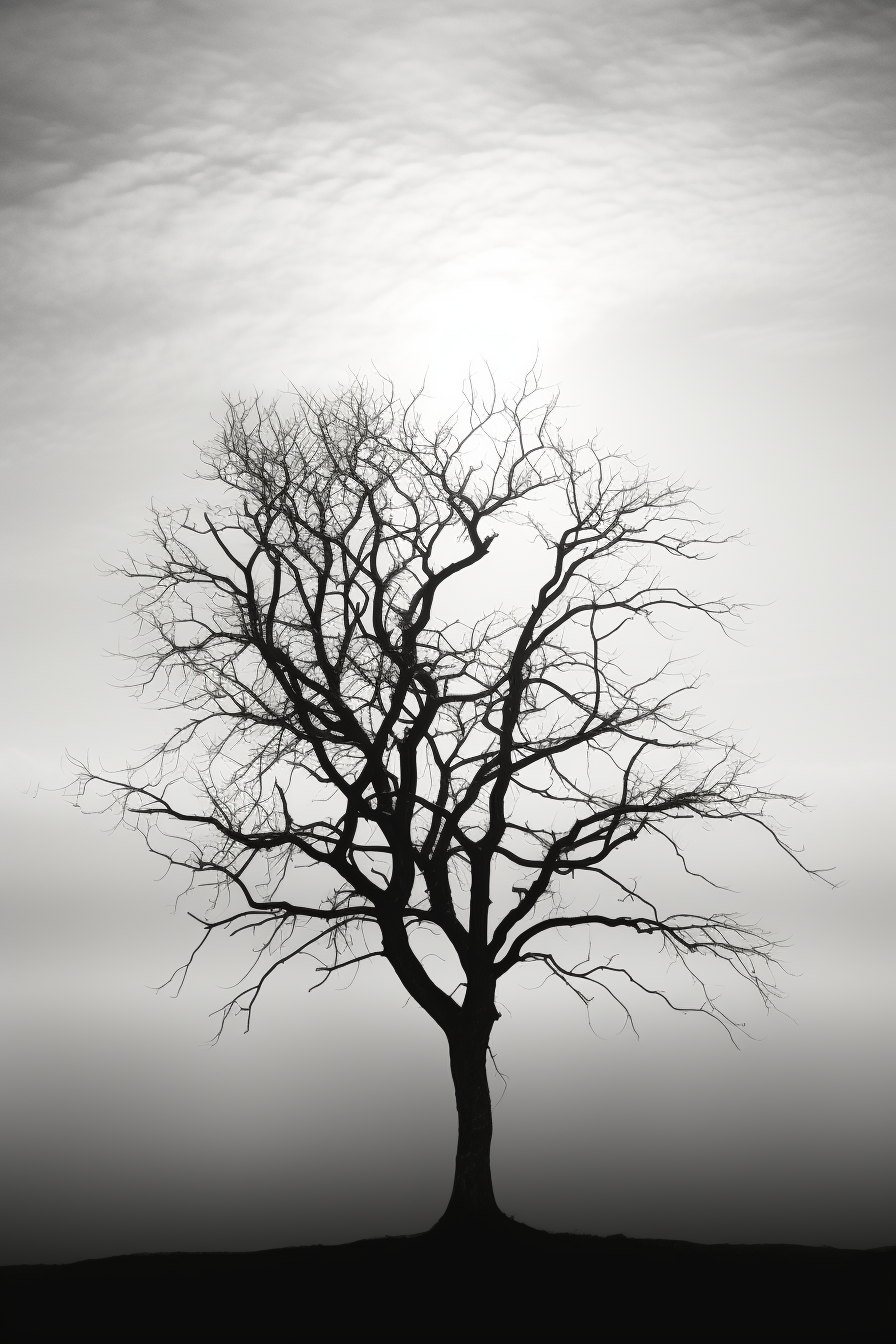 Black and white tree silhouette against a dramatic sky