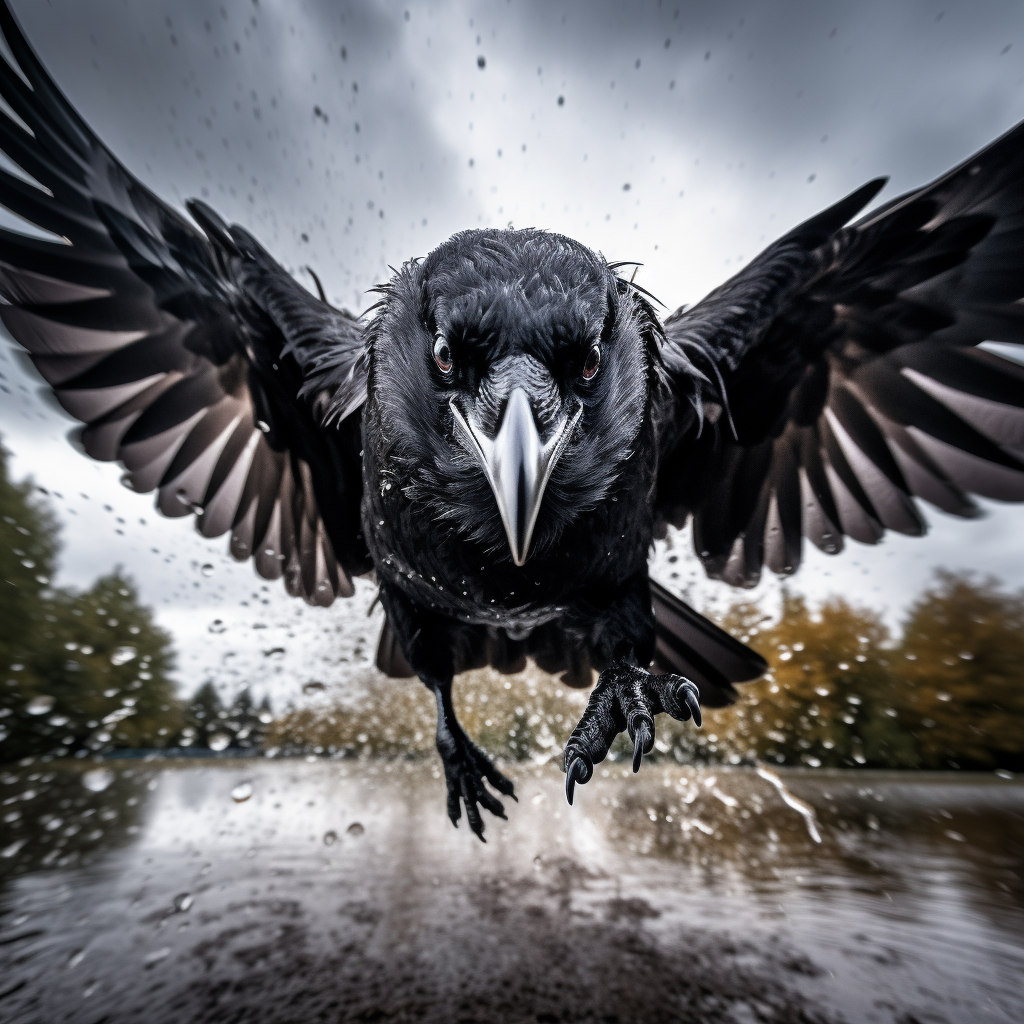 Black crow diving in storm