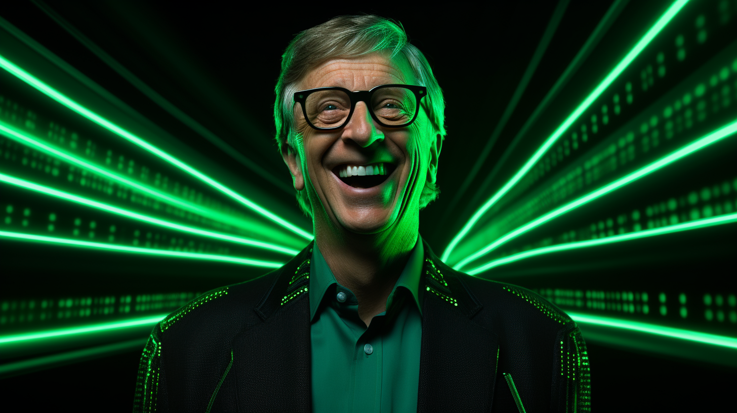 Bill Gates smiling under dramatic green lighting