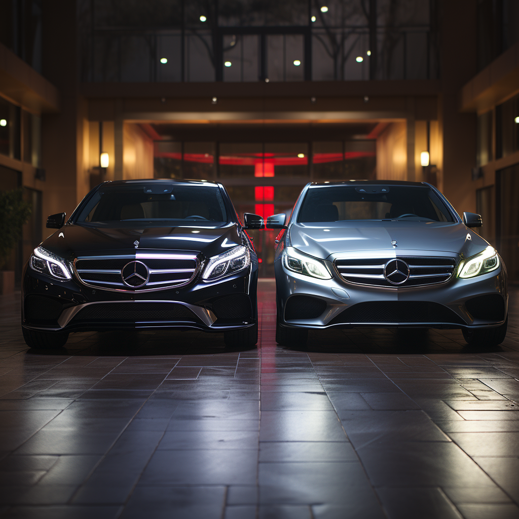 Dramatic Lighting with Black Mercedes and Grey Ford Expedition