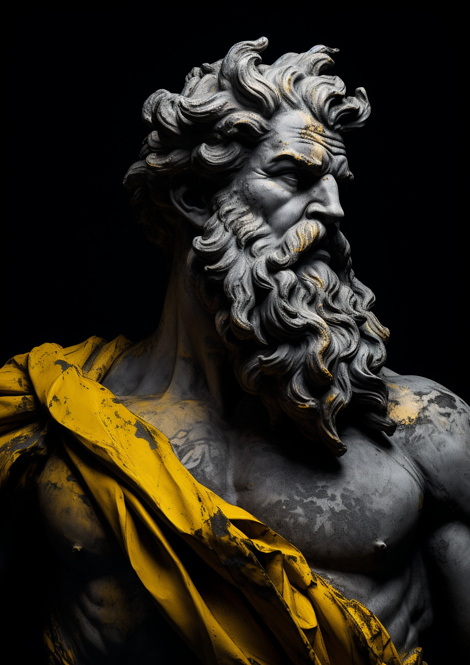 Dramatic statue of man with beard and paint brush stroke