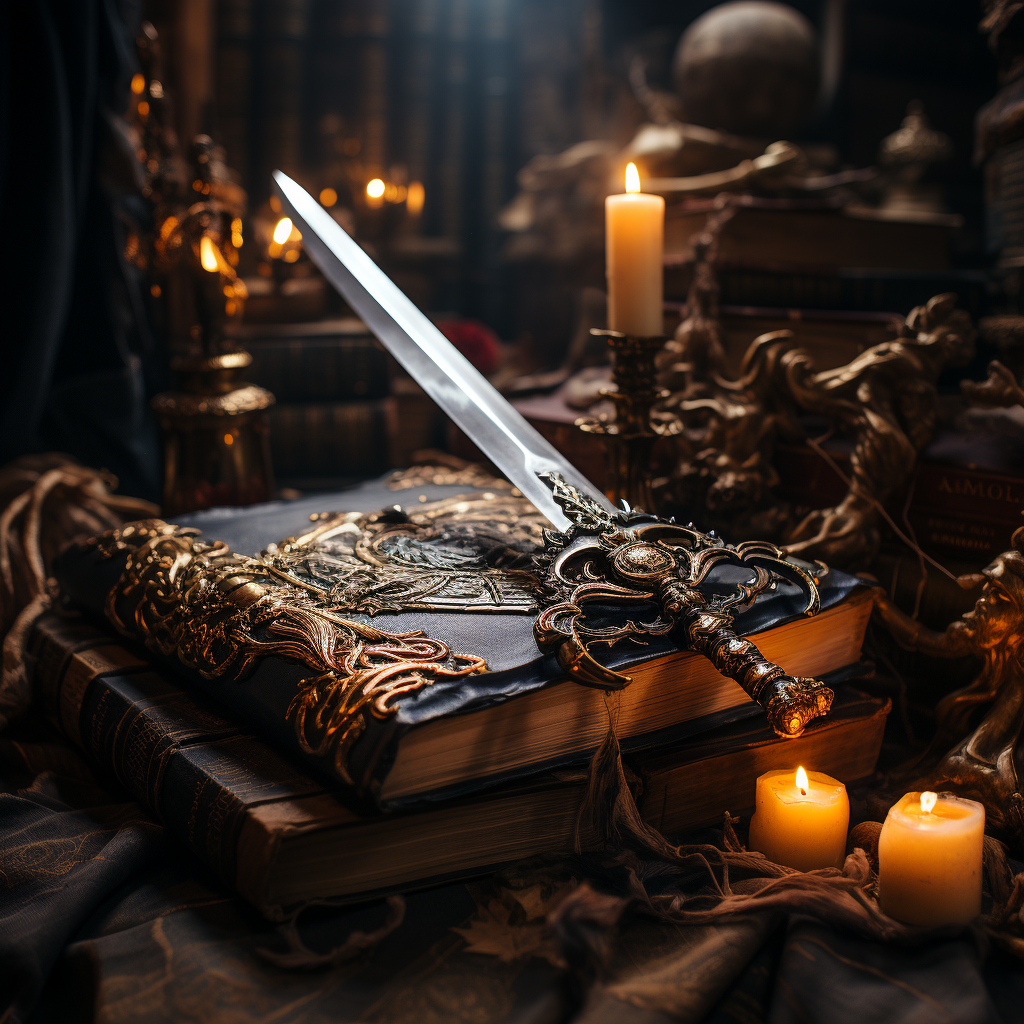 Dramatic sword and bible with lighting