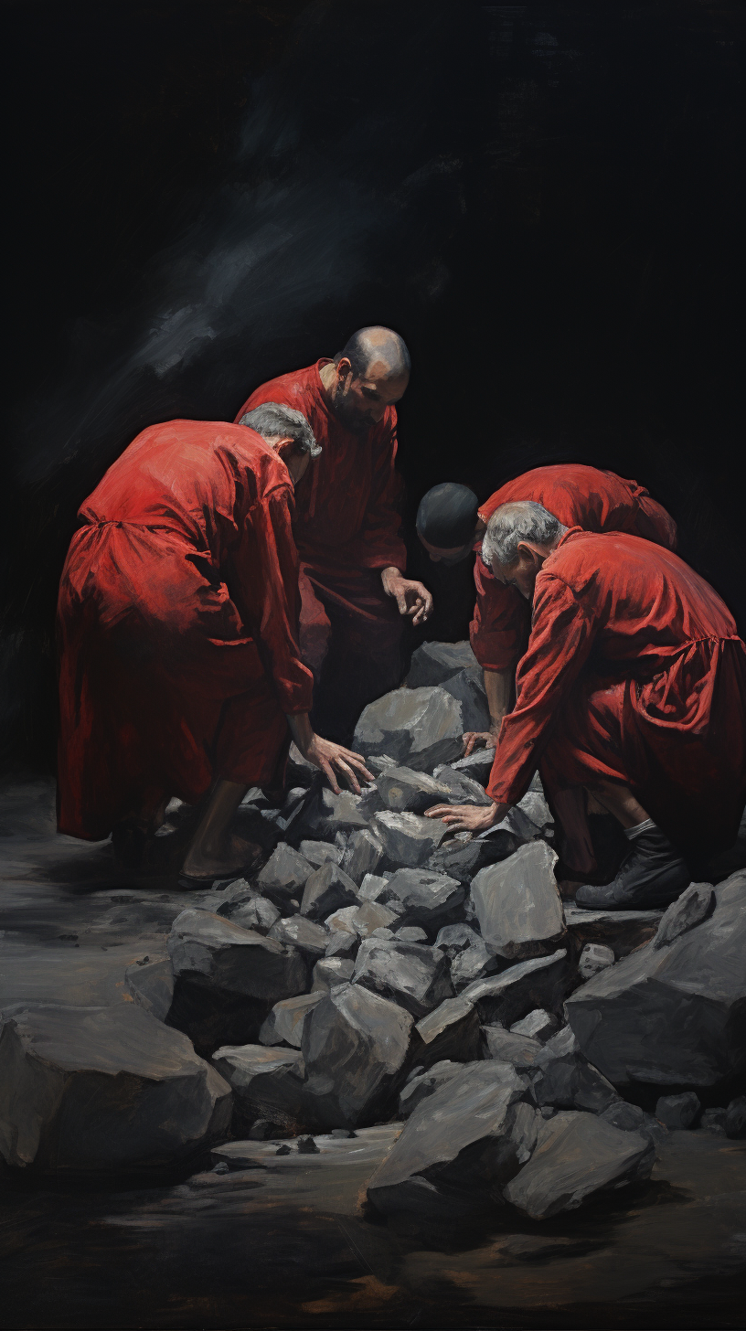 Men hiding from stones in dramatic painting