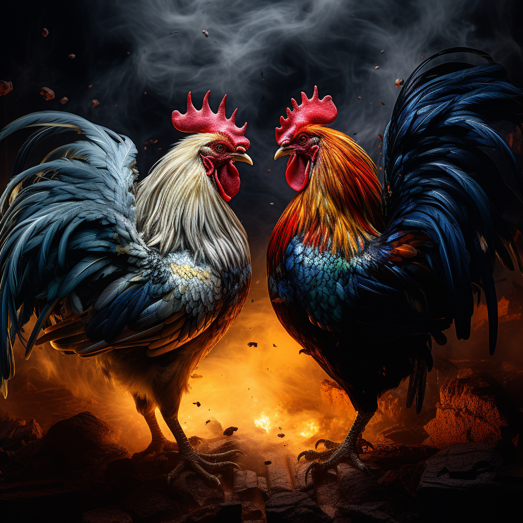 Two roosters recognizing each other