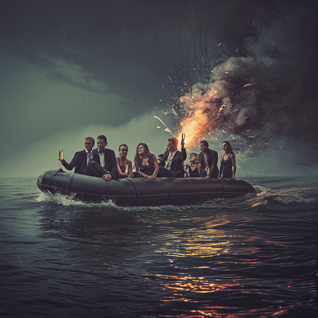 Ten people in formal clothes on a sinking cruise boat