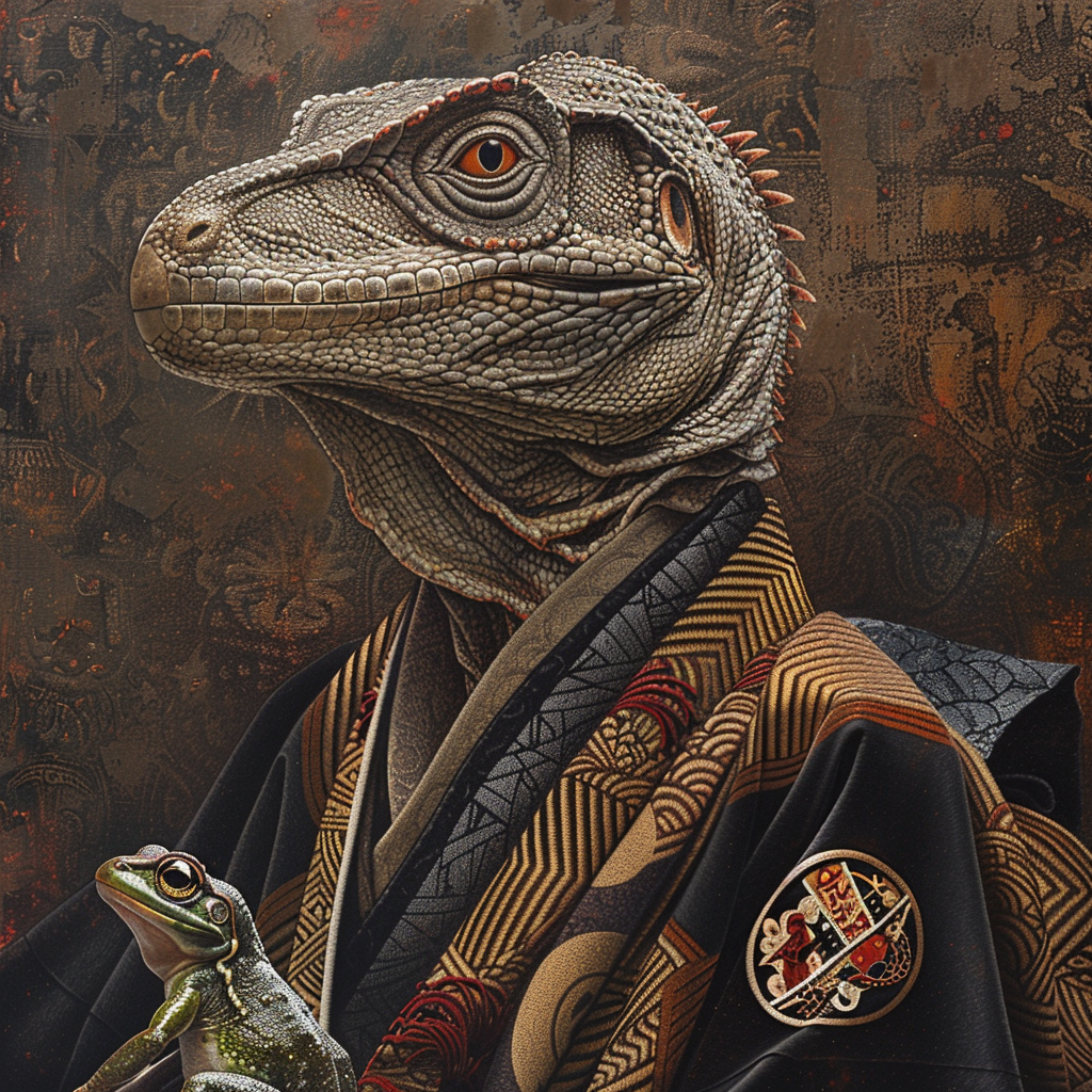 Velociraptor with Kimono and Frog