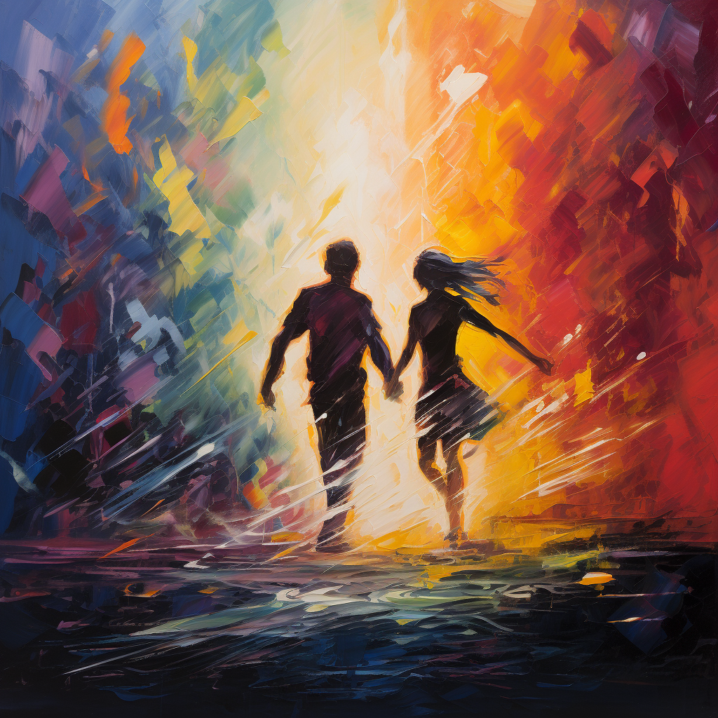 Colorful abstract oil painting with couple running away