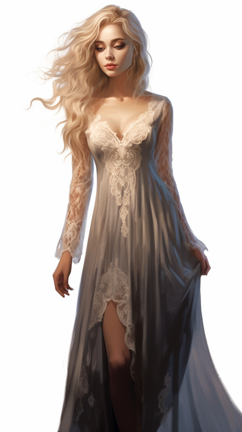 Beautiful Dream Woman in Long Blonde Hair and Lace Nightgown