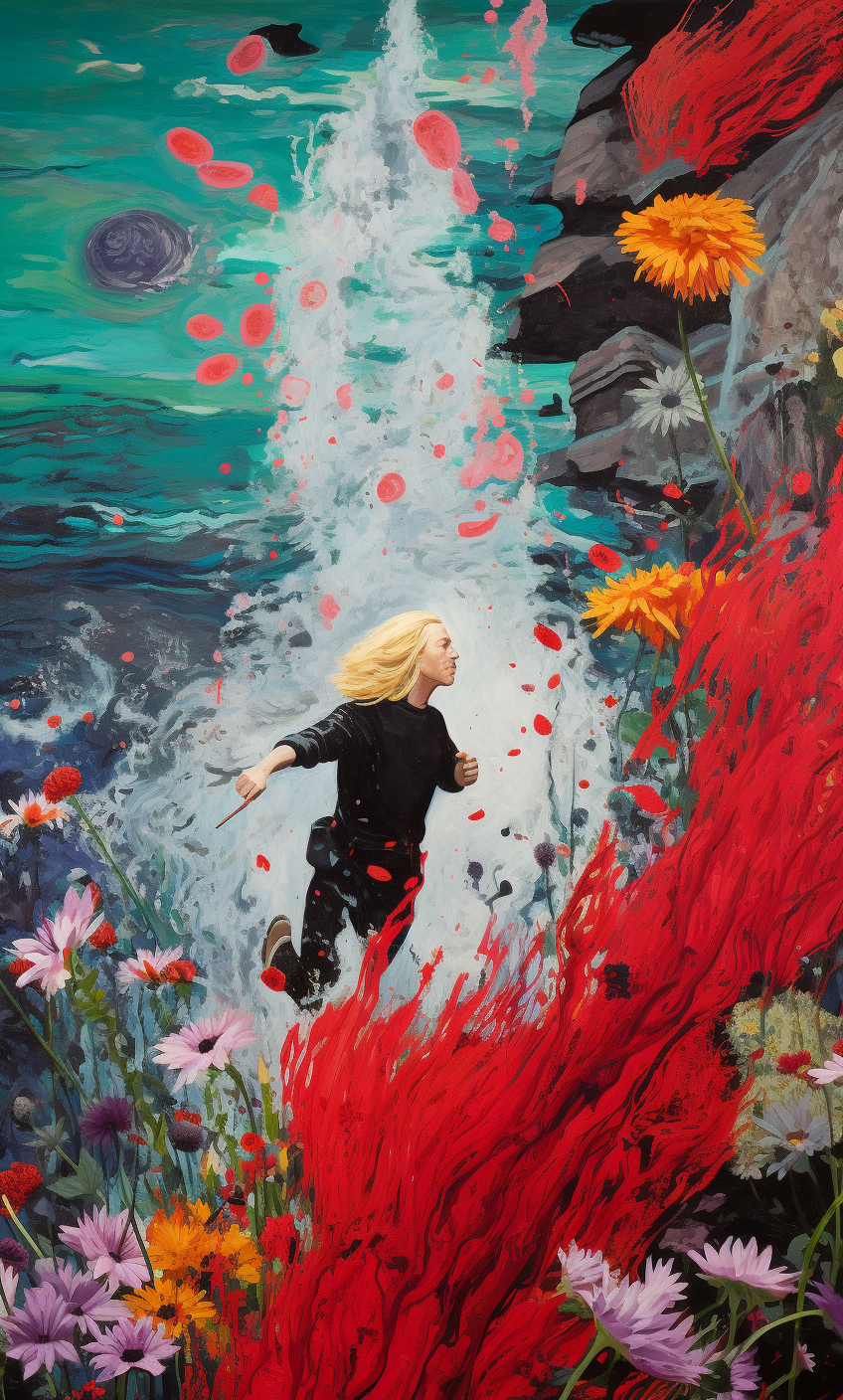 Acrylic painting of a blonde woman dreaming among wildflowers