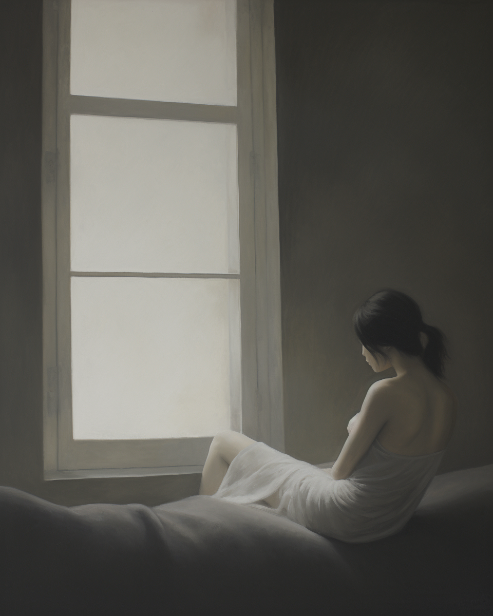 A woman daydreaming by the window