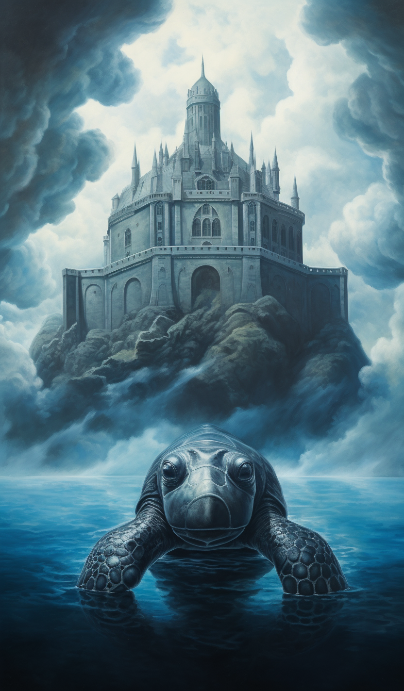 Dreamlike medieval fantasy turtle among black clouds