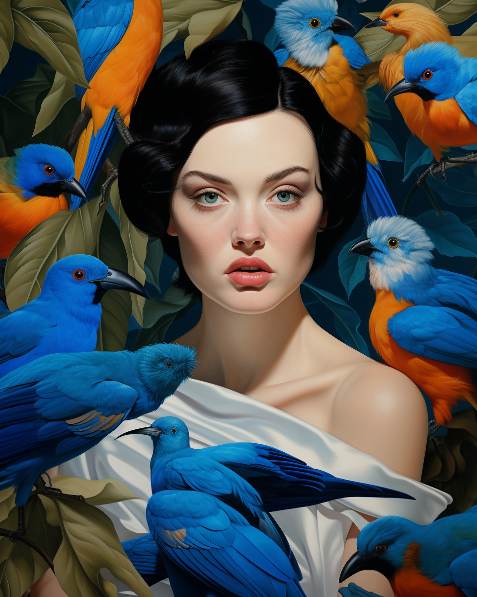 Woman with Blue Birds in Dreamlike Composition