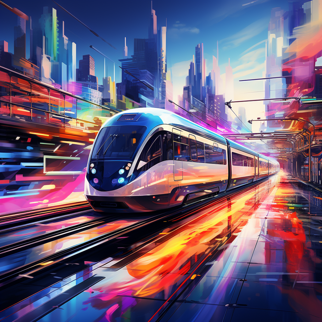 Colorful melting train speeding through futuristic city