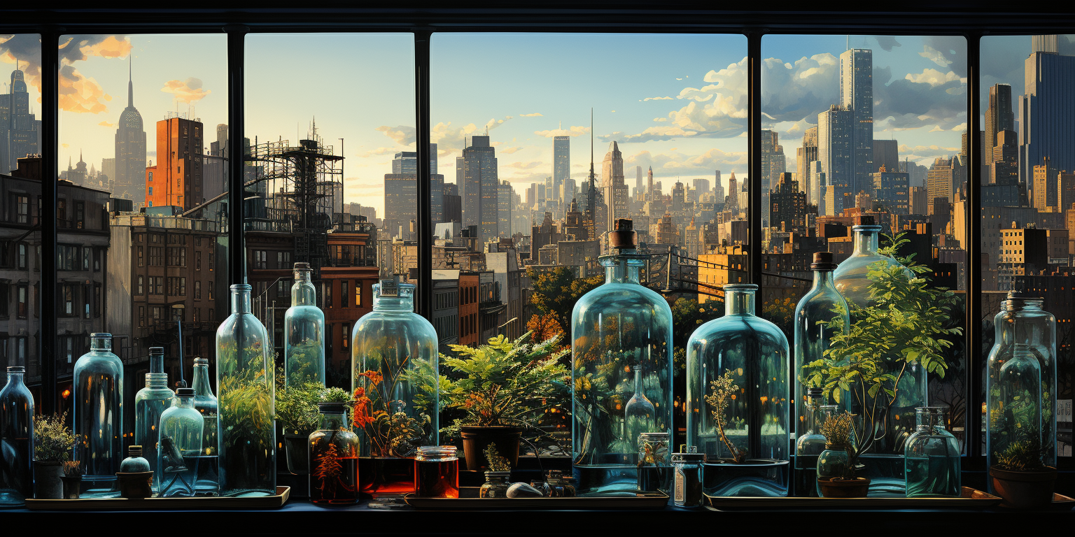 Detailed glass bottle cityscape