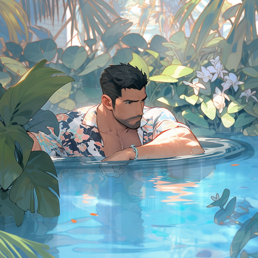 Dreamy man in milky pool mirroring plants