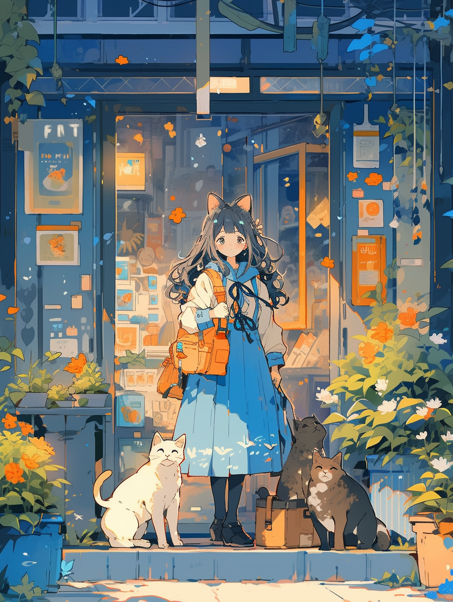 Small girl near roadside booth with cats