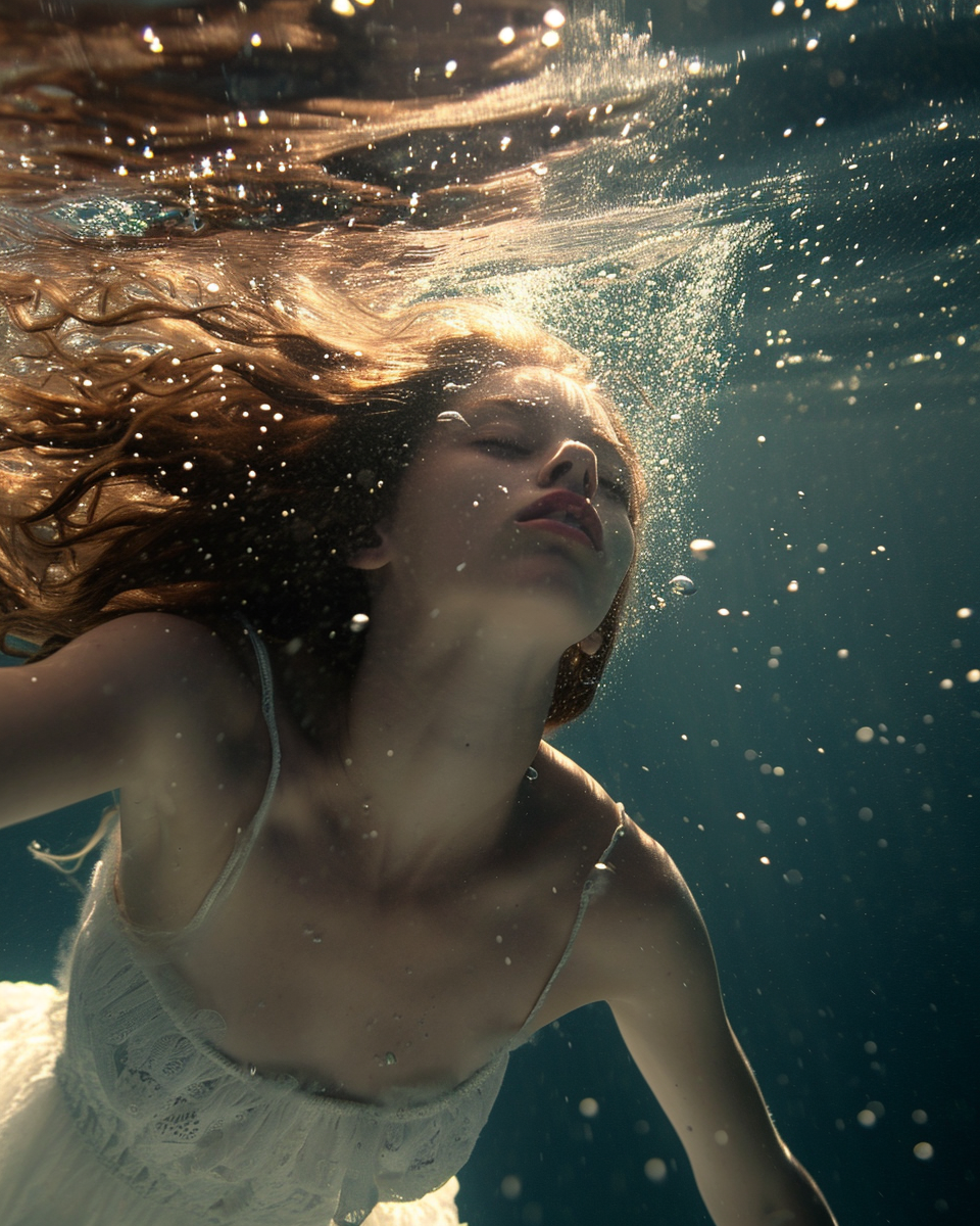 Dreamy Woman Floating Underwater Sunlight