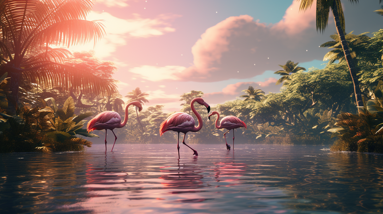 Flamingos floating in pink clouds